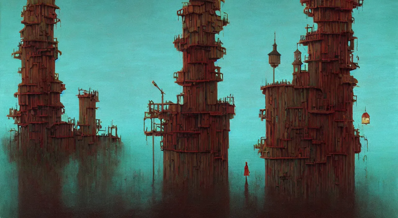 Prompt: single flooded simple wooden tower, very coherent and colorful high contrast ultradetailed photorealistic masterpiece by dean ellis franz sedlacek simon stalenhag, dark shadows, sunny day, hard lighting