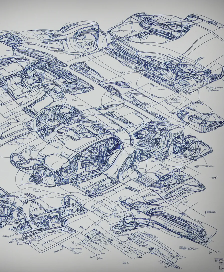 Prompt: automotive blueprints engineering plans in the style of Davinci concept sketch markers