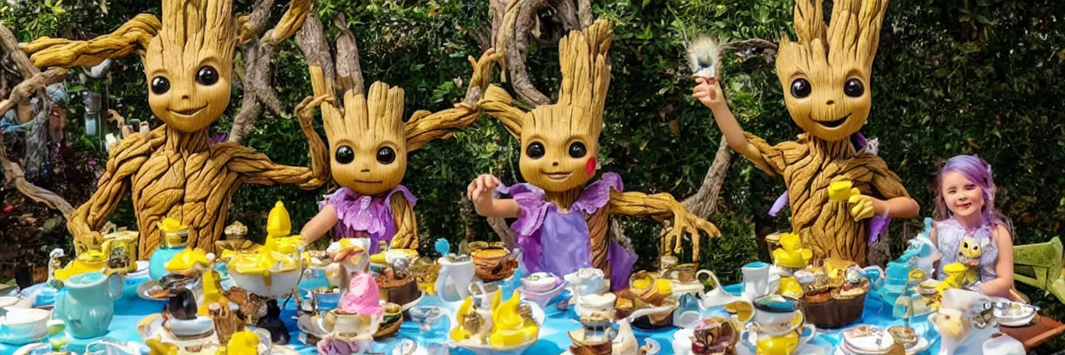 Prompt: groot and pikachu at the mad hatter tea party