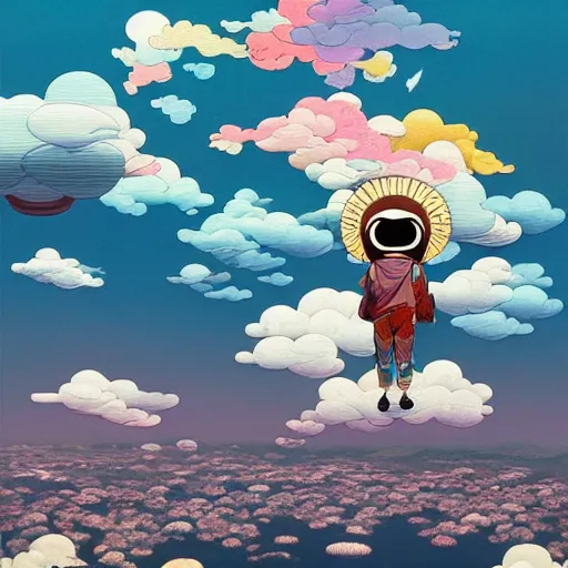 Image similar to a man walking on clouds above kyoto by takashi murakami, beeple and james jean, aya takano color style, 4 k, super detailed