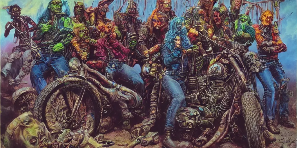 Image similar to psychedelic post apocalyptic orcish biker gang, sharp focus, psychedelic colors, boris vallejo, michael whelan, 8 k, elegant, intricate