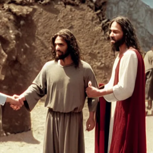 Image similar to film still of Homelander shaking jesus's hand