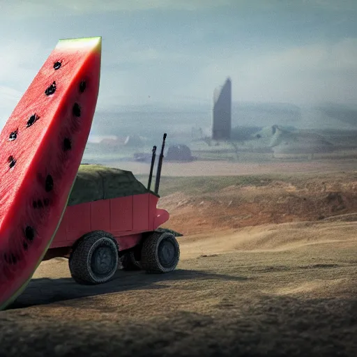 Prompt: Watermelon as military HIMARS vehicle with epic weapons, launching rockets on a battlefield, russian city as background. Concept digital 3D art in style of Caspar David Friedrich,unreal engine 5, artstationHD, 4k, 8k, 3d render, 3d Houdini, cinema 4d, octane epic RTX volumetric dramatic light