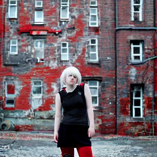 Image similar to a pale emo girl, messy black / red hair, british street background, canon powershot a 5 0, 2 0 0 6