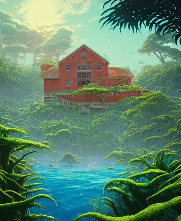 Image similar to an enormous schoolhouse made from exotic fungus, overgrown with weird huge colorful ferns, on the ocean, noon, sun drenched, partly cloudy, by dan mumford, yusuke murata, makoto shinkai, ross tran, cinematic, unreal engine, cel shaded, featured on artstation, pixiv