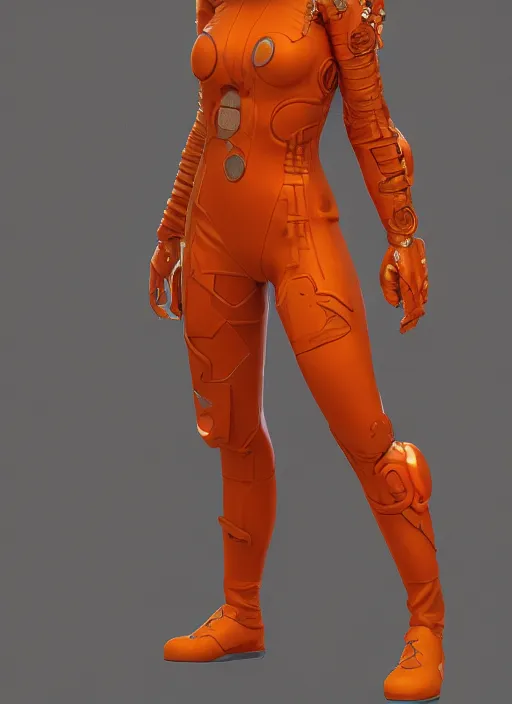 Image similar to biohazard teenage blonde girl wearing an orange superhero costume, au naturel, hyper detailed, digital art, trending in artstation, cinematic lighting, studio quality, smooth render, unreal engine 5 rendered, octane rendered, art style by klimt and nixeu and ian sprigger and wlop and krenz cushart