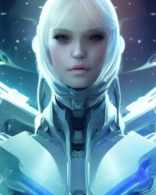 Image similar to perfect android girl on a mothership, warframe armor, beautiful face, scifi, futuristic, galaxy, nebula, raytracing, dreamy, long white hair, blue cyborg eyes, sharp focus, cinematic lighting, highly detailed, artstation, divine, by gauthier leblanc, kazuya takahashi, huifeng huang