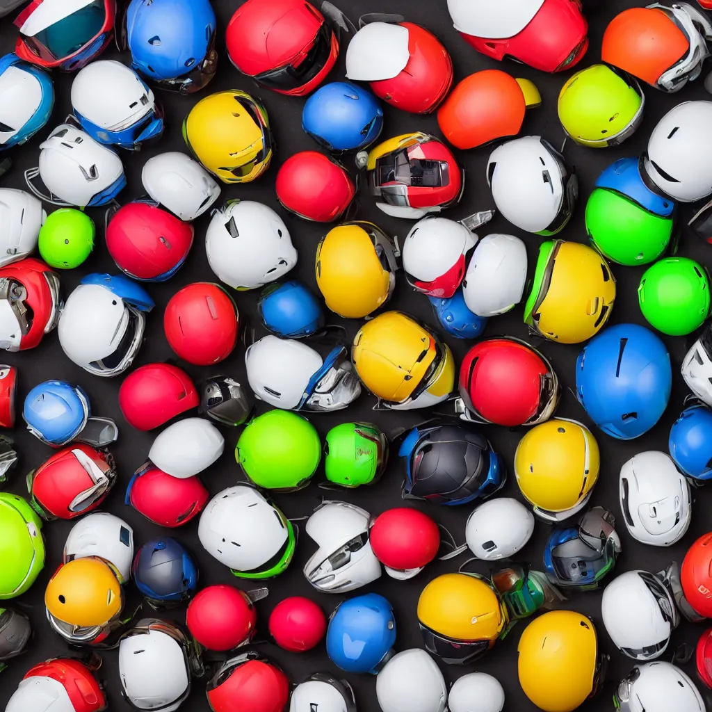 Image similar to a small collection of android helmets, inside different color wooden boxes. top down photo, close macro photo. studio photo, 8k