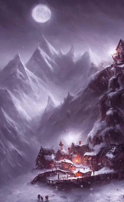 Image similar to dark fantasy concept art of a snow mountain with a small village on it at night, dynamic lighting, ambient lighting, atmospherical, stunning visuals, creative, cinematic, ultra detailed trending on art station, 8k quality, lonely vibe