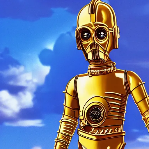 Image similar to full body portrait of Simpson as C3PO in star wars, background blue sky puffy clouds cinematic 4k