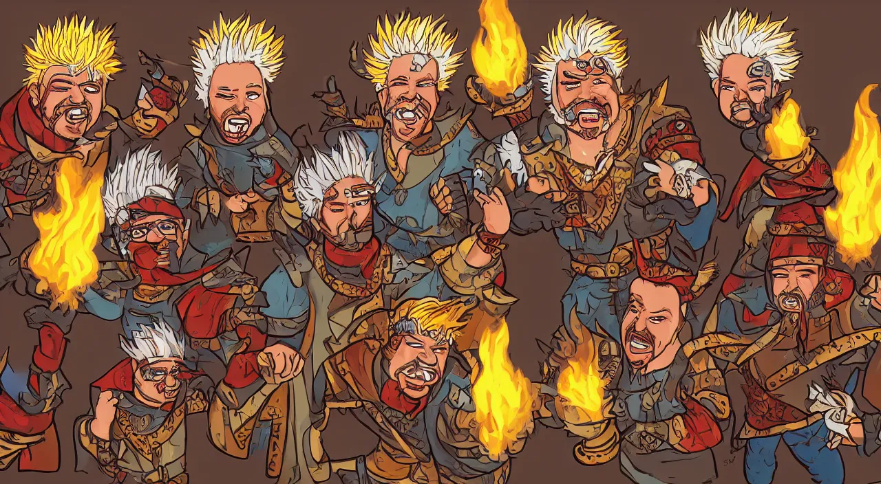 Image similar to a dungeons and dragons party of four guy fieri's, warrior fieri, mage fieri, rogue fieri, and cleric fieri, fantasy painting in the style of diego gisbert llorens