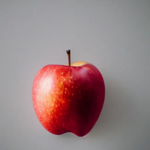 Prompt: an apple attached to a clean white wall with a strip of duct tape in a museum, close up, dslr photo