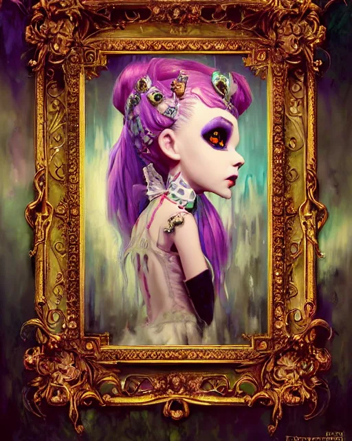 Image similar to baroque bedazzled gothic royalty frames surrounding a watercolor portrait of monster high draculaura doll, stephen bliss, unreal engine, by greg rutkowski, loish, rhads, makoto shinkai and lois van baarle, ilya kuvshinov, rossdraws, global illumination, radiant light, detailed and intricate environment, watercolor lighting