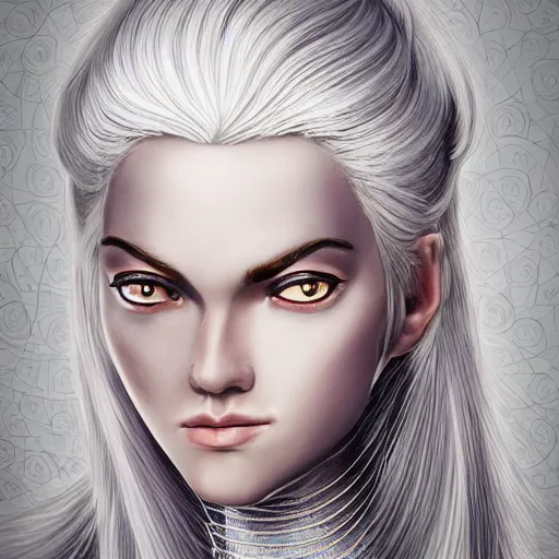 Image similar to a woman with immensely glowing white hair and rose medieval armor, meditating in tranquility as [ her hair flows ]!!, surrealism art, trending on artstation, portrait!!, intricately detailed