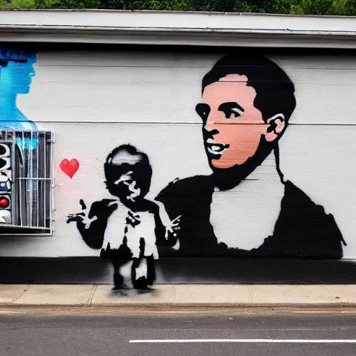 Prompt: a banksy mural of kim kardashian and pete davidson