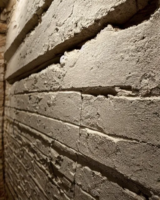 Prompt: a huge crack in an old building's plaster wall revealing bricks beneath in the shape of jesus's face, photoreal