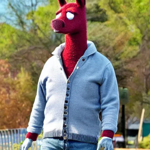 Prompt: Bojack Horseman in real life, A horse wearing a cardigan and jeans, photo