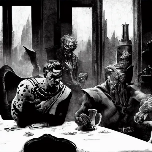 Prompt: black and white blotchy illustration of dark figures plotting a heist in a roman cafe, by brom, frazetta, zabrocki, ultra wide angle, trending on artstation, rule of thirds w 1 0 2 4