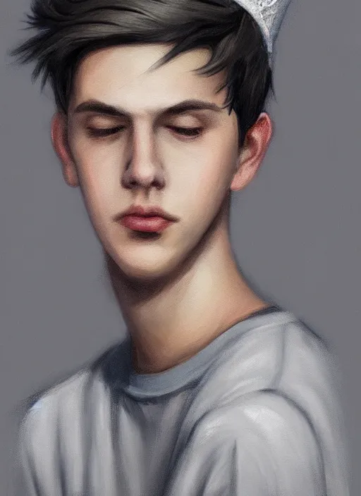 Image similar to portrait of teenage jughead jones wearing a light grey crown, crown, hamburger background, eyes closed, crown, black hair, intricate, elegant, glowing lights, warm lighting, highly detailed, digital painting, artstation, concept art, smooth, sharp focus, illustration, art by wlop, mars ravelo and greg rutkowski