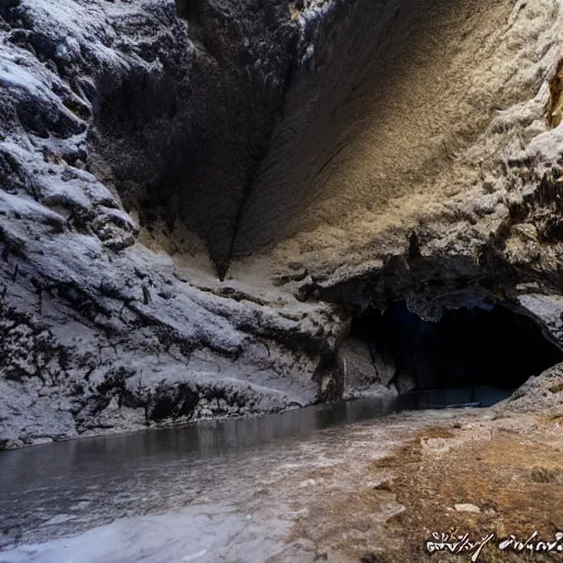 Image similar to dark ice cave with low ceiling and narrow rough river running through it, surreal,