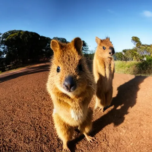 Image similar to a quokka and capybara standing on a motocross track, fisheye lens