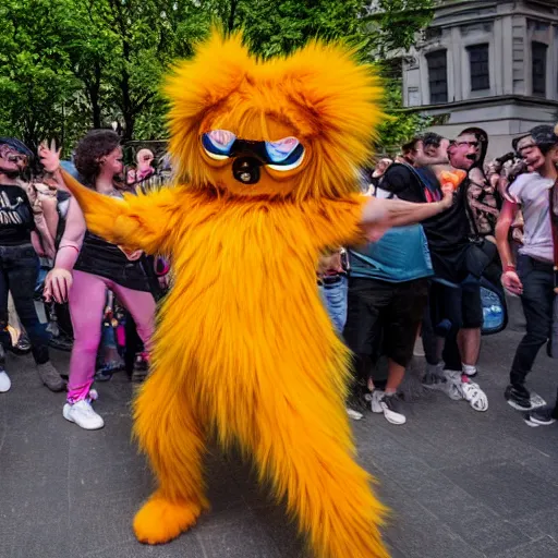 Image similar to a furry dancing to techno at a pride event in Prague, 4K photograph, National Geographic photo