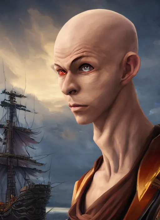 Image similar to An epic fantasy comic book style portrait painting of a skinny white bald sky-pirate with a goofy expression sitting in front of a ship's cannon yu-gi-oh style , unreal 5, DAZ, hyperrealistic, octane render, cosplay, RPG portrait, dynamic lighting