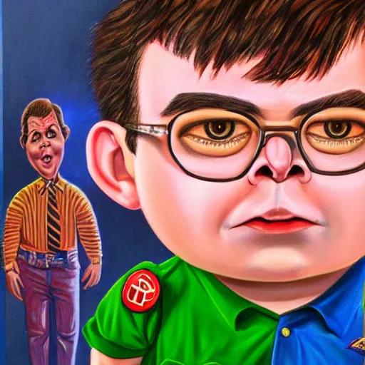 Image similar to beautiful lifelike painting of martin shkreli garbage pail kid, hyperreal detailed facial features and uv lighting, art by ed roth and basil wolverton