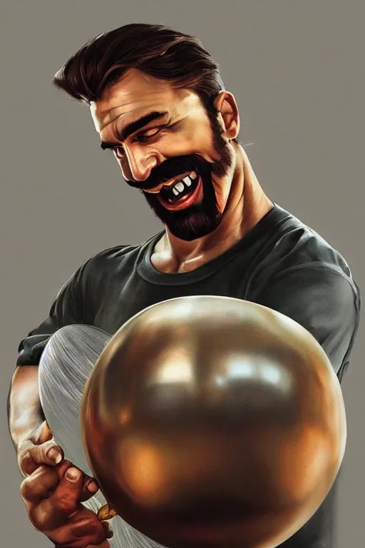 Image similar to gigachad luigi laughing holding metal sphere by ilya kuvshinov, bodybuilder ernest khalimov, super mario bros symmetrical face concept art, hyper realistic, intricate, elegent, highly detailed, digital painting, concept art, smooth, sharp, focus, illustration, art by artgerm and greg rutkowski and alphonse mucha, artstation