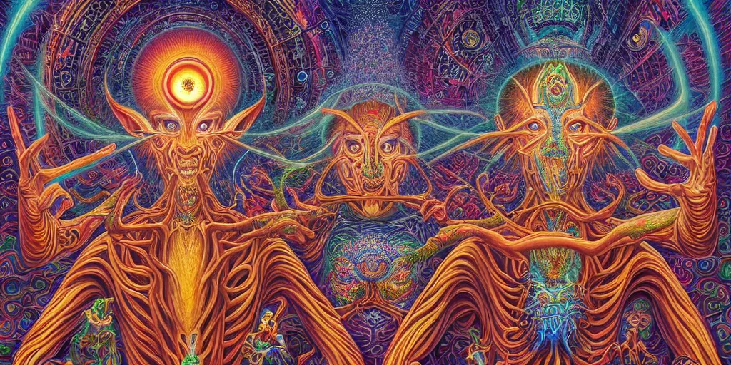 Prompt: hyper detailed portrait of a dmt time elf greeting a psychonaught, cathedral background, masterpiece composition, 8 k resolution, ultra fine illustration, alex grey, todd schorr, casey weldon, tokio aoyama, highly detailed,