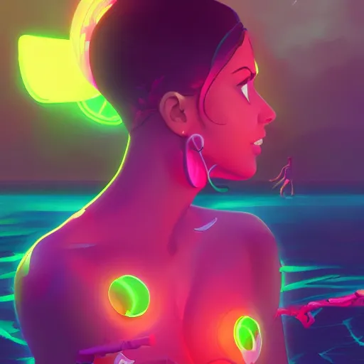 Image similar to neon bikini woman in the ocean | hyperrealistic digital painting by makoto shinkai, ilya kuvshinov, lois van baarle, rossdraws | afrofuturism in the style of hearthstone and overwatch, trending on artstation