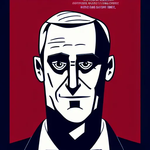 Image similar to digital portrait of secretary of denis mcdonough face with solid featureless eyes, cover art of graphic novel, evil laugh, menacing, Machiavellian puppetmaster, villain, simple style, solid colors, clean lines, clean ink, trending on artstation