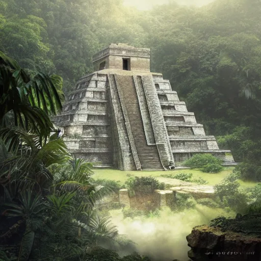 Prompt: mayan temple in the jungle, by tom bagshaw, by gaston bussiere, sunlit, mist, octane render