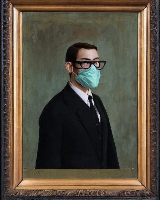 Image similar to portrait of young man wearing black medical mask, suit and tie, style of james c. christensen