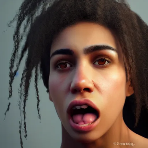 Prompt: hyperrealistic portrait of beautiful mixed race woman, angry, shouting, photo realistic, dynamic lighting, artstation, poster, volumetric lighting, very detailed face, 4 k, award winning