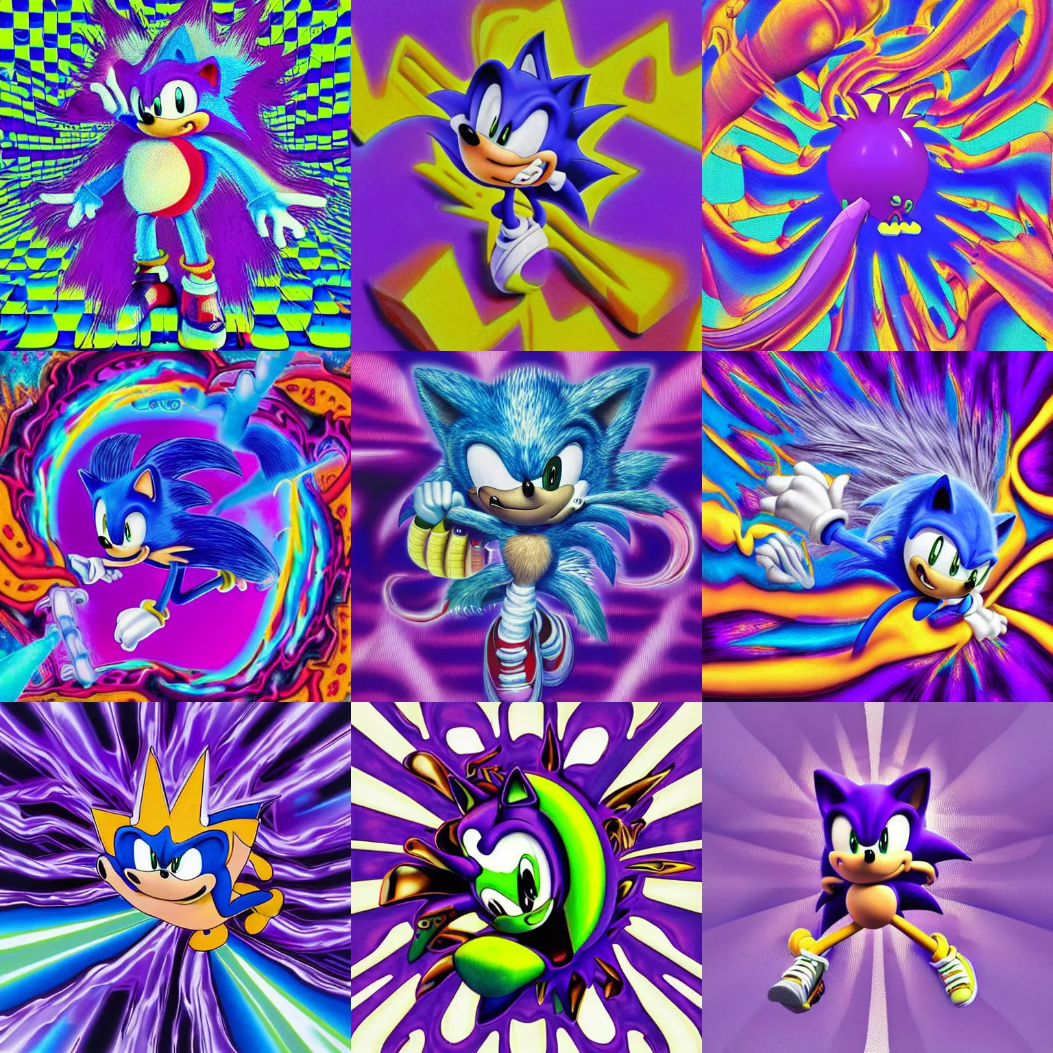 Image similar to surreal, faded, totally radical detailed professional, high quality airbrush art MGMT album cover of a liquid dissolving LSD DMT sonic the hedgehog on a flat purple checkerboard plane, 1990s 1992 prerendered graphics raytraced phong shaded album cover