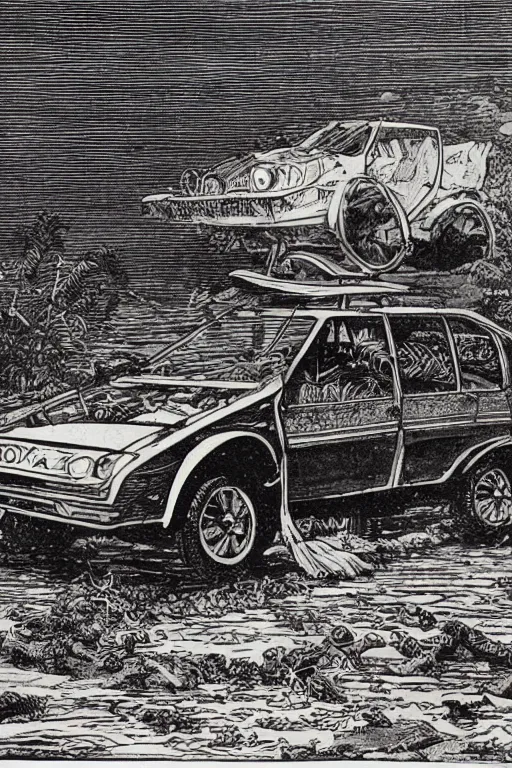 Prompt: 19th century wood-engraving of Toyota Corolla V, whole page illustration from Jules Verne book, art by Édouard Riou Jules Férat and Henri de Montaut, high quality, beautiful, removed watermarks