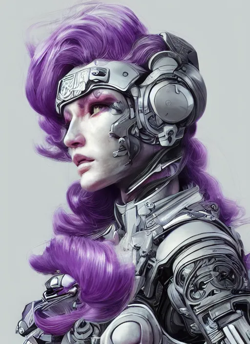 Image similar to close up portrait of a pale woman in sci - fi power armor with purple hair, powerful, domineering, stoic, masterful, intense, ultrafine hyperdetailed illustration by kim jung gi, irakli nadar, intricate linework, sharp focus, octopath traveler, yoji shinkawa, highly rendered, detailed, concept art, intricate environment