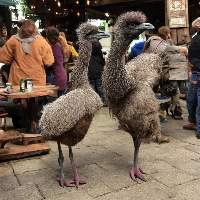 Image similar to an emu in the middle of a crowded halfling tavern