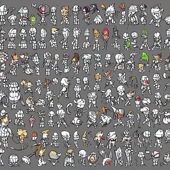 Prompt: spritesheet containing a chibi wizard and skeleton enemies of different magic types, colored lineart
