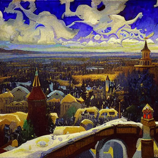 Prompt: photo beautiful magical ancient Slavic Russian city of Kitezh, fisheye lens, painting by Viktor Vasnetsov, painting by Nicholas Roerich, concept art, magical city, fantasy cityscape, ancient Slavs, wooden buildings, ancient Russian architecture, terem, hyperborea, top cinematic lighting , cinematic mood, very detailed, 8k, high resolution, trending on artstation, artstationHD,
