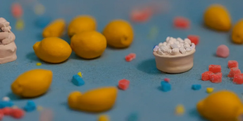 Image similar to a cinematic film still of a claymation stop motion film about a town made of lemons and candy, shallow depth of field, 8 0 mm, f 1. 8