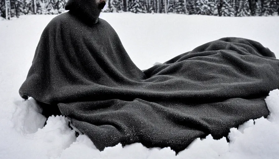 Image similar to 1 9 6 0 s movie still close up of marcus aurelius breast - plate dark cape frozen lay on the snow by the side of a river with gravel, pine forests, cinestill 8 0 0 t 3 5 mm b & w, high quality, heavy grain, high detail, texture, dramatic light, anamorphic, hyperrealistic, detailed hair, foggy