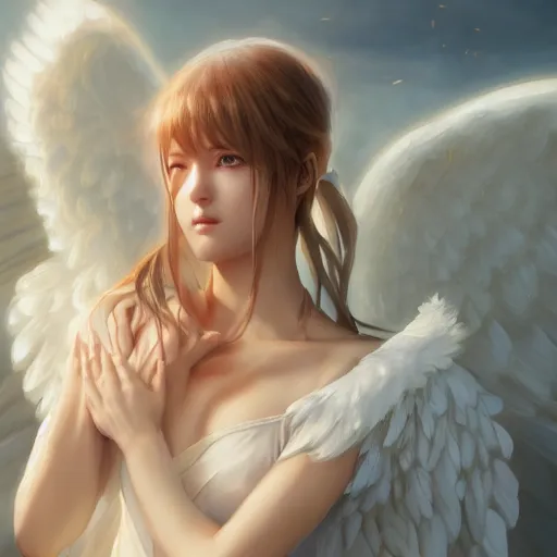 Image similar to an oil painting of a beautiful anime girl with angel wings, by artgerm, wlop and greg rutkowski, hd, hdr, ue 5, ue 6, unreal engine 5, cinematic 4 k wallpaper, 8 k, ultra detailed, high resolution, artstation, award winning