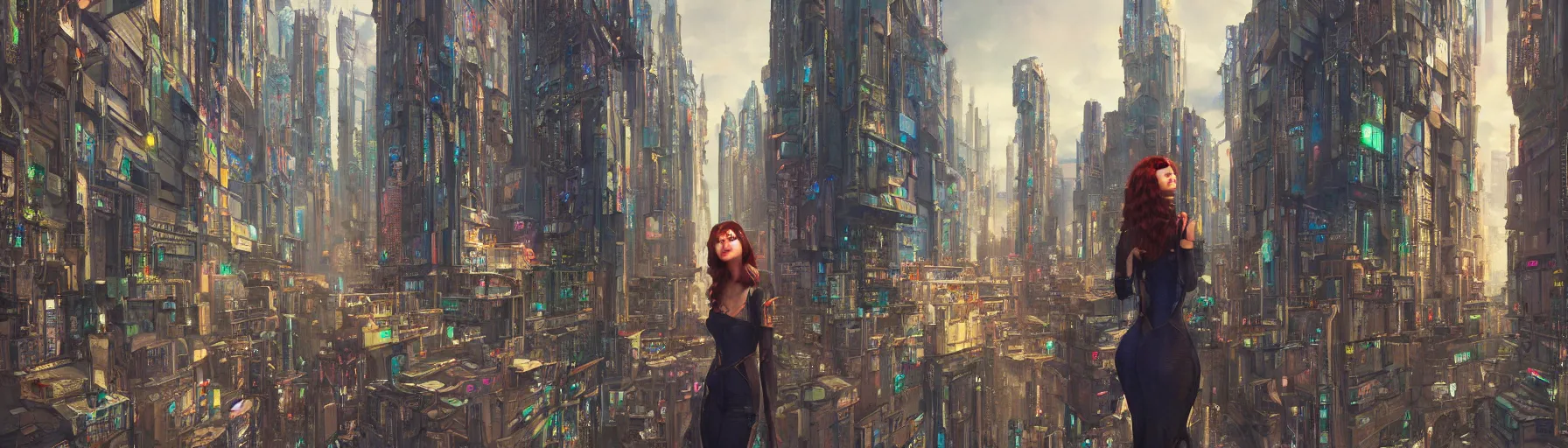 Prompt: a big life-like hologram of a beautiful young woman in the middle of the city centre of a futuristic cyberpunk city, street view, Warhammer, highly detailed, artstation, illustration, art by Gustav Klimt