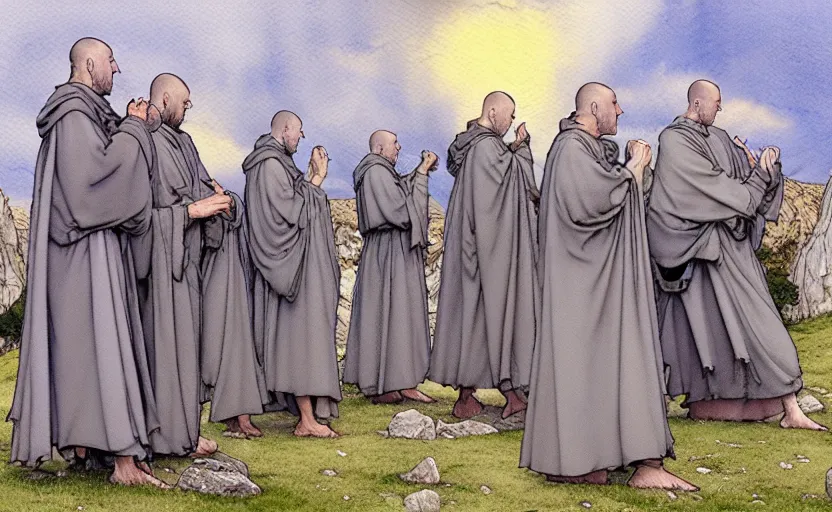 Prompt: a hyperrealist watercolour concept art of a group of medieval monks in grey robes pointing up at five large stones floating in the sky. by rebecca guay, michael kaluta, charles vess and jean moebius giraud. high detail, hq, wide shot