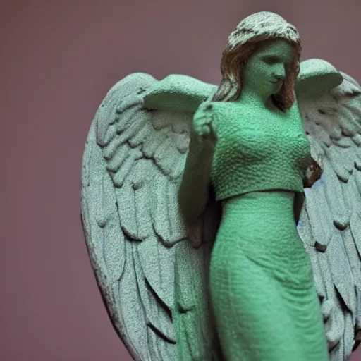 Prompt: A photo of a Biblically accurate angel that's been 3D printed in green filament. 50mm lens, f1.8.