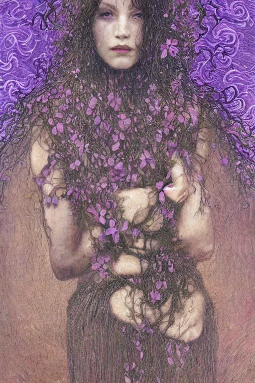 Prompt: portrait of beautiful gothic young mainem, more thunderstorm, cyber armor, a lot of scars, more and more flowers, purple head, the middle ages, highly detailed, artstation, illustration, art by jean delville, 8 k quality, art by greg gandy and gustav klimt