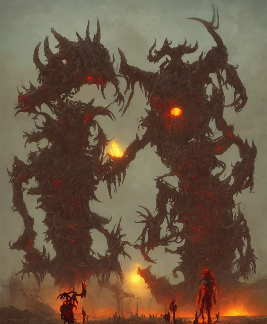 Image similar to giant devil holding a skull on hand, illustrated by Simon Stålenhag and Gaston Bussiere, ultra detailed, photorealistic, trending on artstation