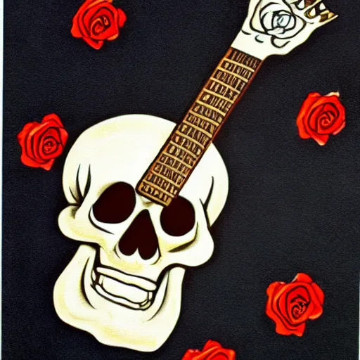 Image similar to skull and guitar and roses,